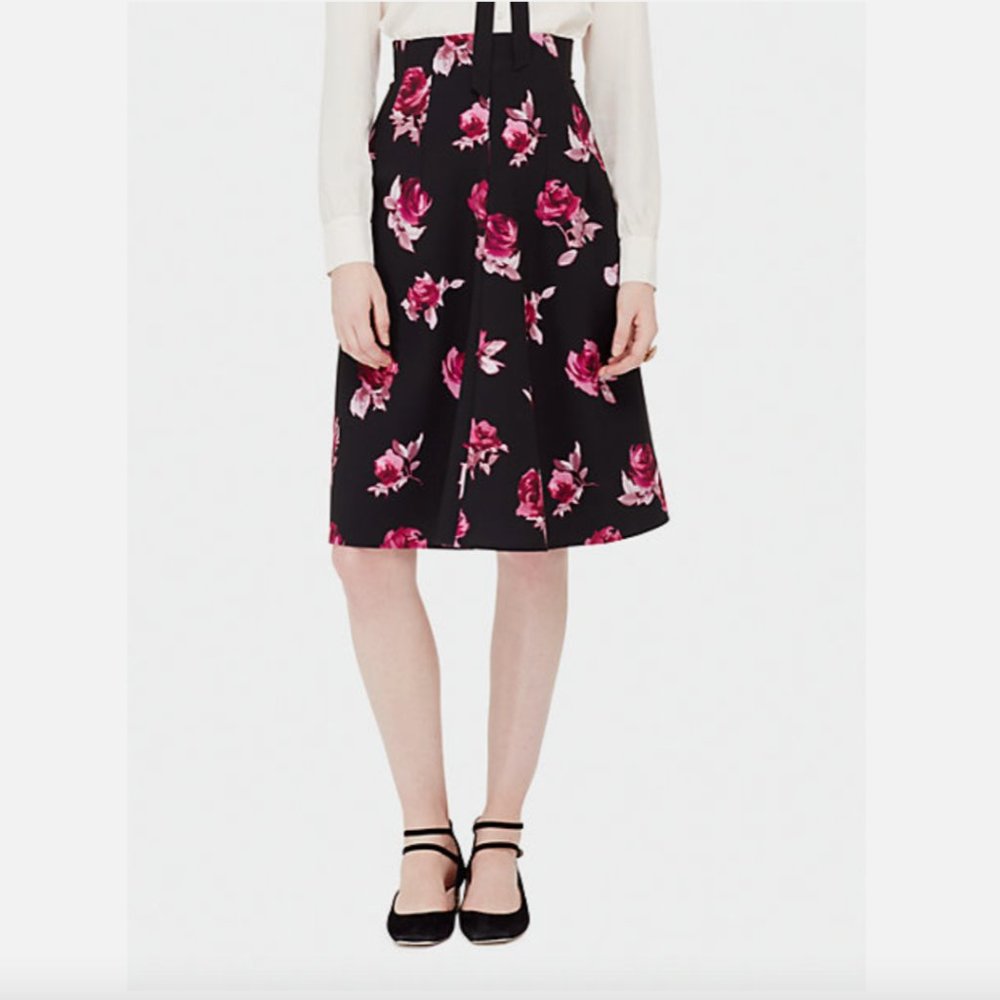 NWD $298 KATE SPADE New York [ 0 ] Encore Rose Flared Skirt in Black‎ Pink #5952